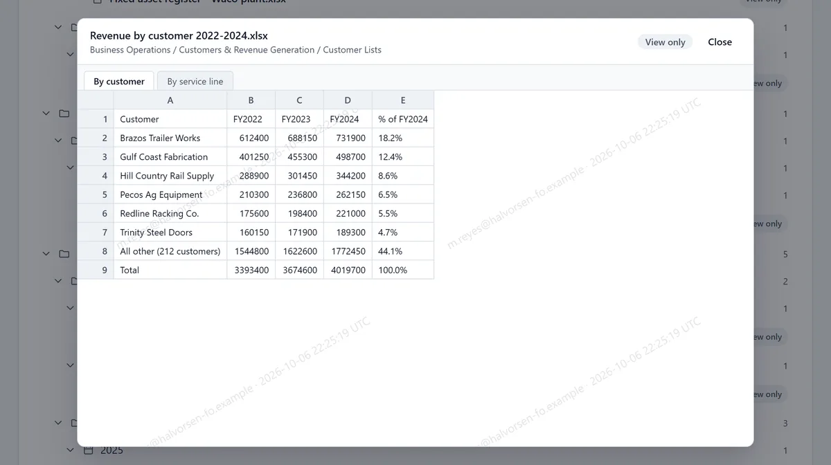A buyer viewing a customer revenue workbook in ClosingVault, marked View only, with a diagonal watermark of the buyer’s email address and the time across the grid.